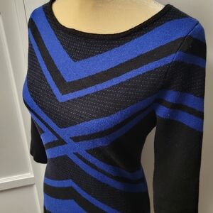 Danny and Nicole Knit Sweater Dress 3/4 Sleeve Black Blue Geometric Size M